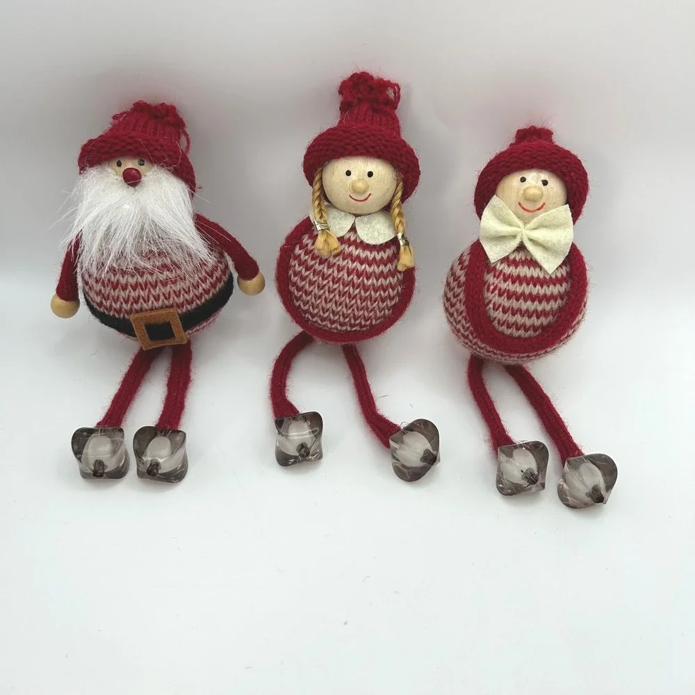 Set of 3 Shelf Sitting Swedish Christmas‎ Gnomes Knit Hanging Legs Beaded Feet
